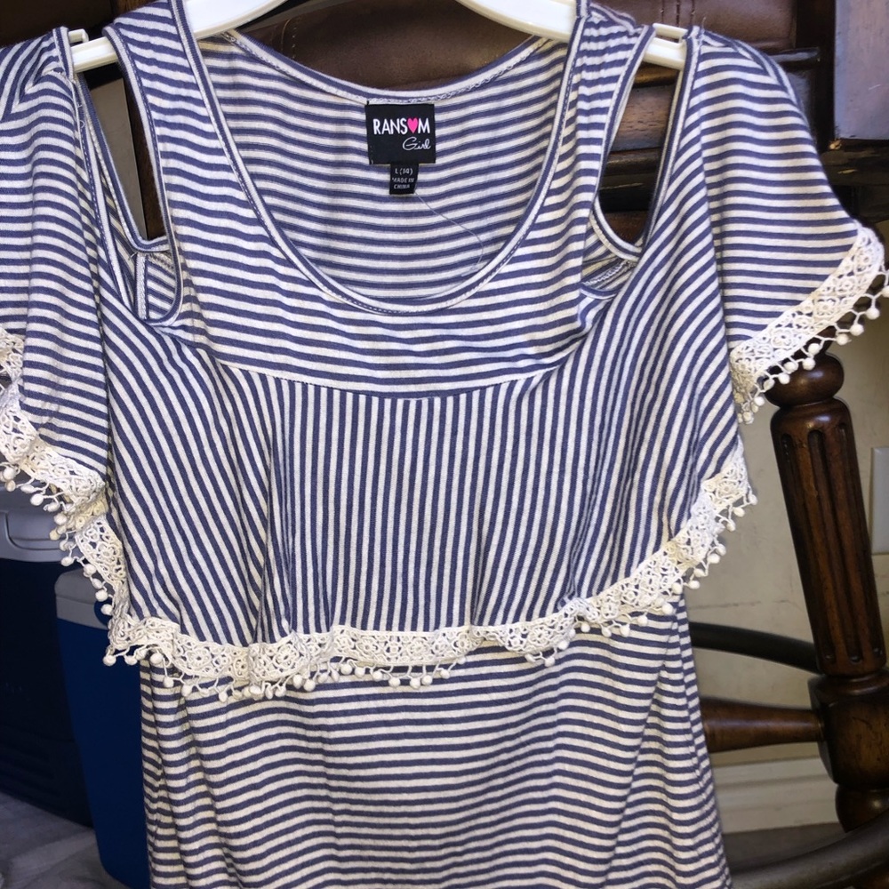White and blue striped off the shoulder